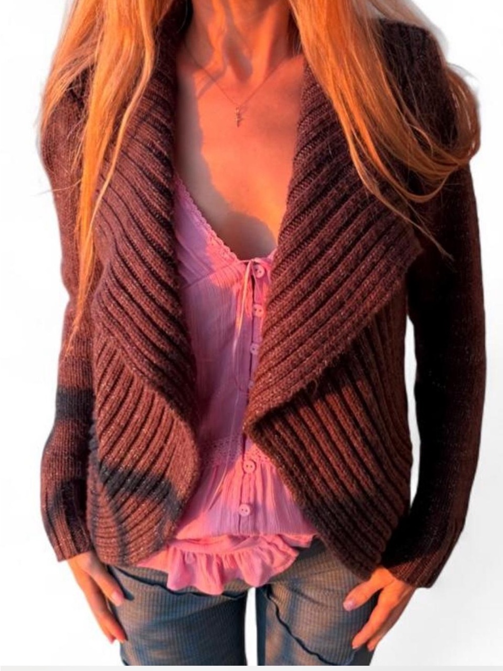 Grey with woven metallic silver shimmer cozy cardigan knit sweater XS